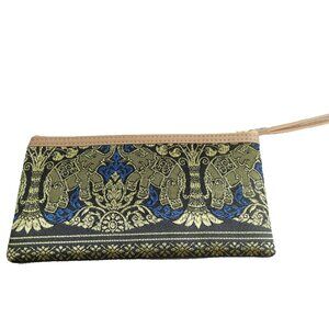 Black Blue & Gold Pouch Coin Purse Makeup Bag Thailand Elephants NWOT